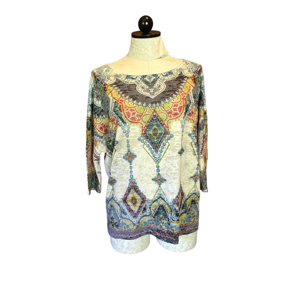 Sundance Womens‎ Boho Medallion Print Top Boat Neck 3/4 Sleeve Multi Color Sz L